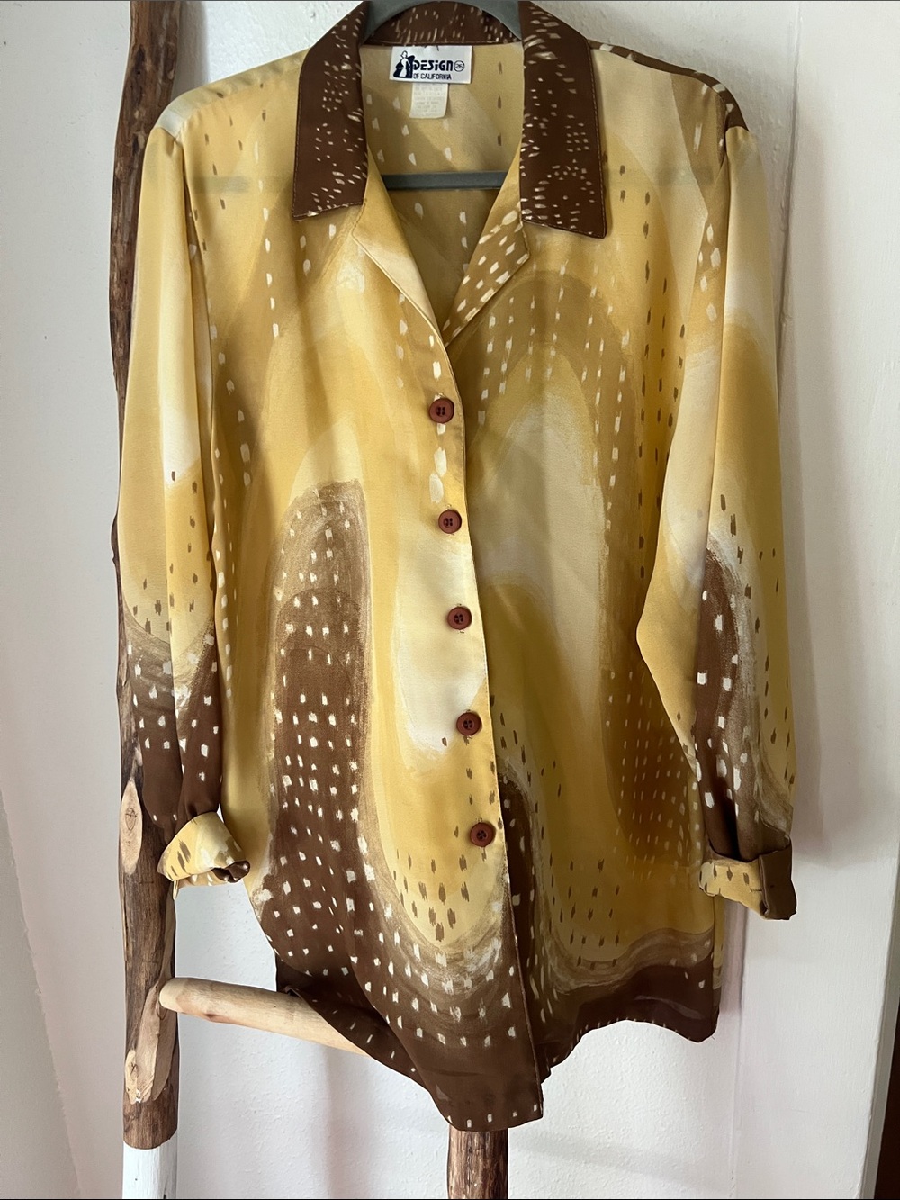 Vintage Tan and Brown Deer Print Button Down Oversized Blouse Large